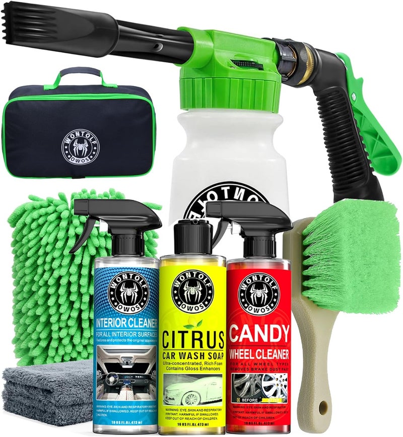 Wontolf CWK188 Car Wash Kit with Foam Gun, Car Wash Soap, Interior Detailer Cleaner, Wheel Cleaner, Car Care Cleaning Detailing Kit for Cars Trucks RVs SUVs Motorcycles (Works w/Garden Hose), 10 Items - Image 1